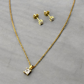 Set de Arrete y Collar con Dije circonia cuadrada, 45cm y bano de oro, Plata .925