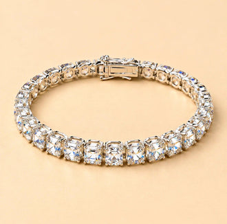 Sterling Silver .925 Tennis Bracelet Round White Moissanite Prong Box Clasp
